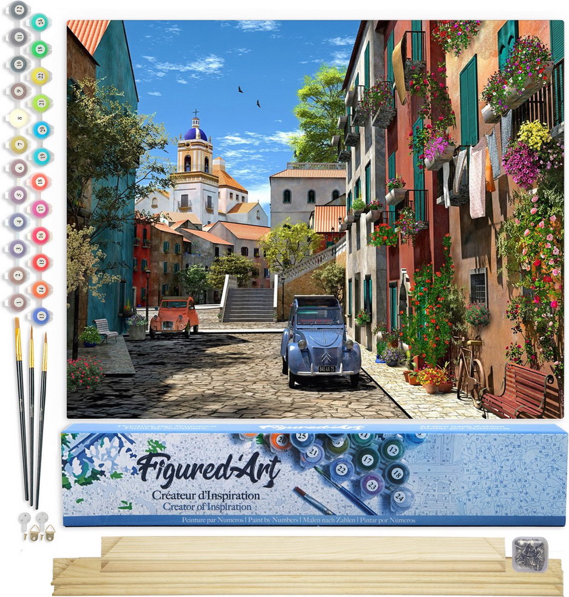 FiguredArt Schilderen op Nummer Volwassenen canvas Steegje en 2 CV - Handwerk acrylverf Kit DIY Compleet - 40x50cm met DIY houten lijst